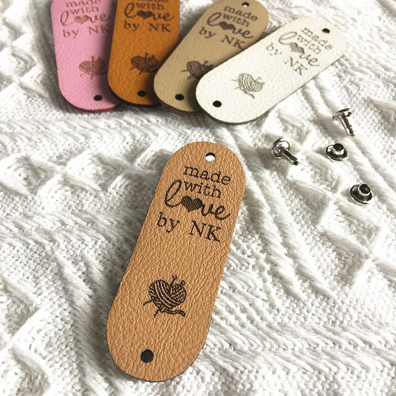 30pcs Personalized leather labels with rivets Custom Sewing knitting clothes tags with logo text Folding handmade crochet label