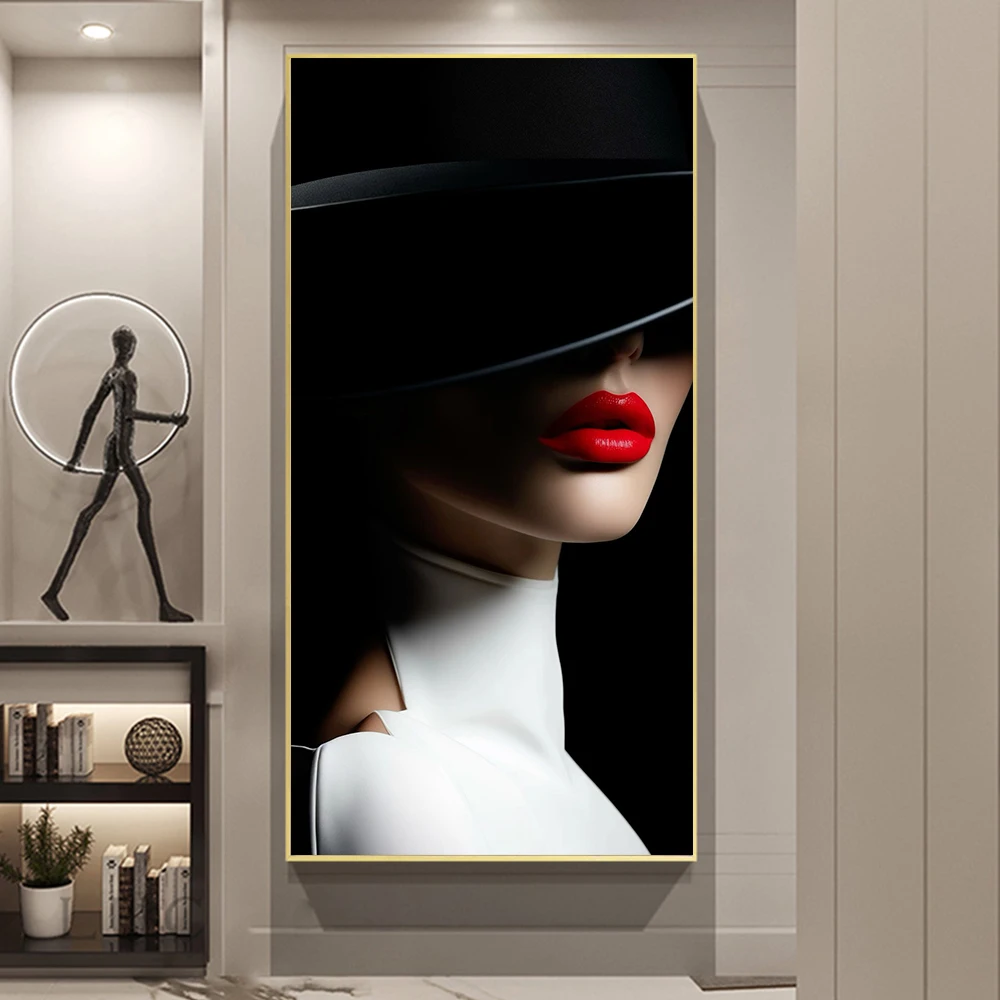 Classic Black And White Fashion Female Portrait Canvas Painting Sexy Red Lips Black Hat Woman Art Poster Print Living Room Decor