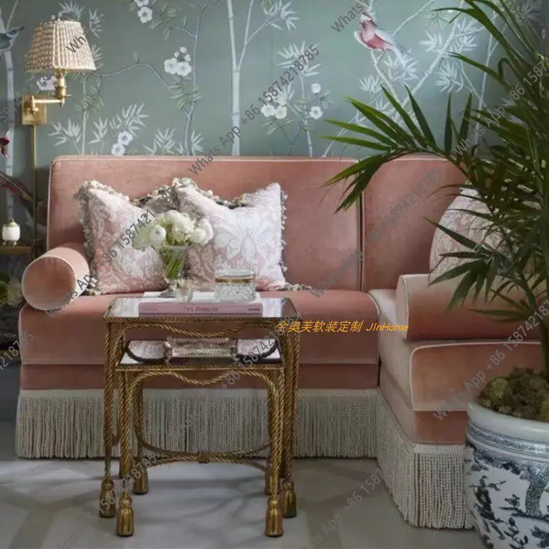 

Rt French Retro Premium Lotus Root Pink Fringed Concubine Sofa American Bedroom Living Room Balcony Studio Fabric Sofa