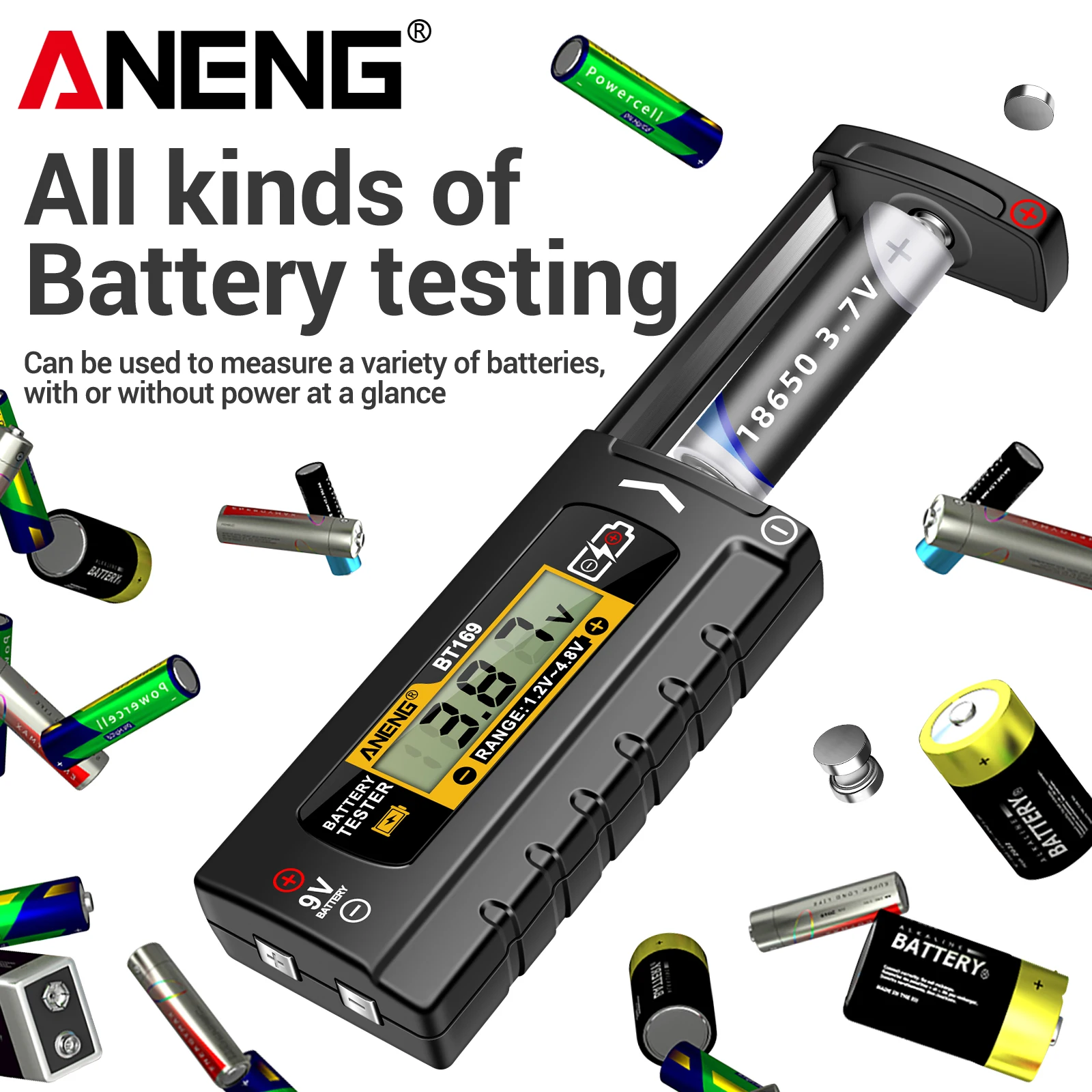 ANENG BT169 Portable Digital Battery Tester 1.2V-4.8V Universal Battery Level Detector AA AAA 9V 18650 Button Lithium Cell Check