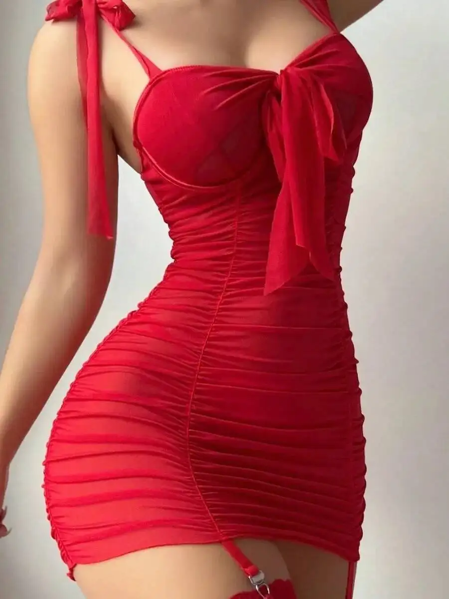 Sexy Bowknot Solid Color Dress Women's Thigh Black Silk Wrap Hip For Women Backless Deep V Suspenders Sleeveless Mini Dress BAUF - Image 5