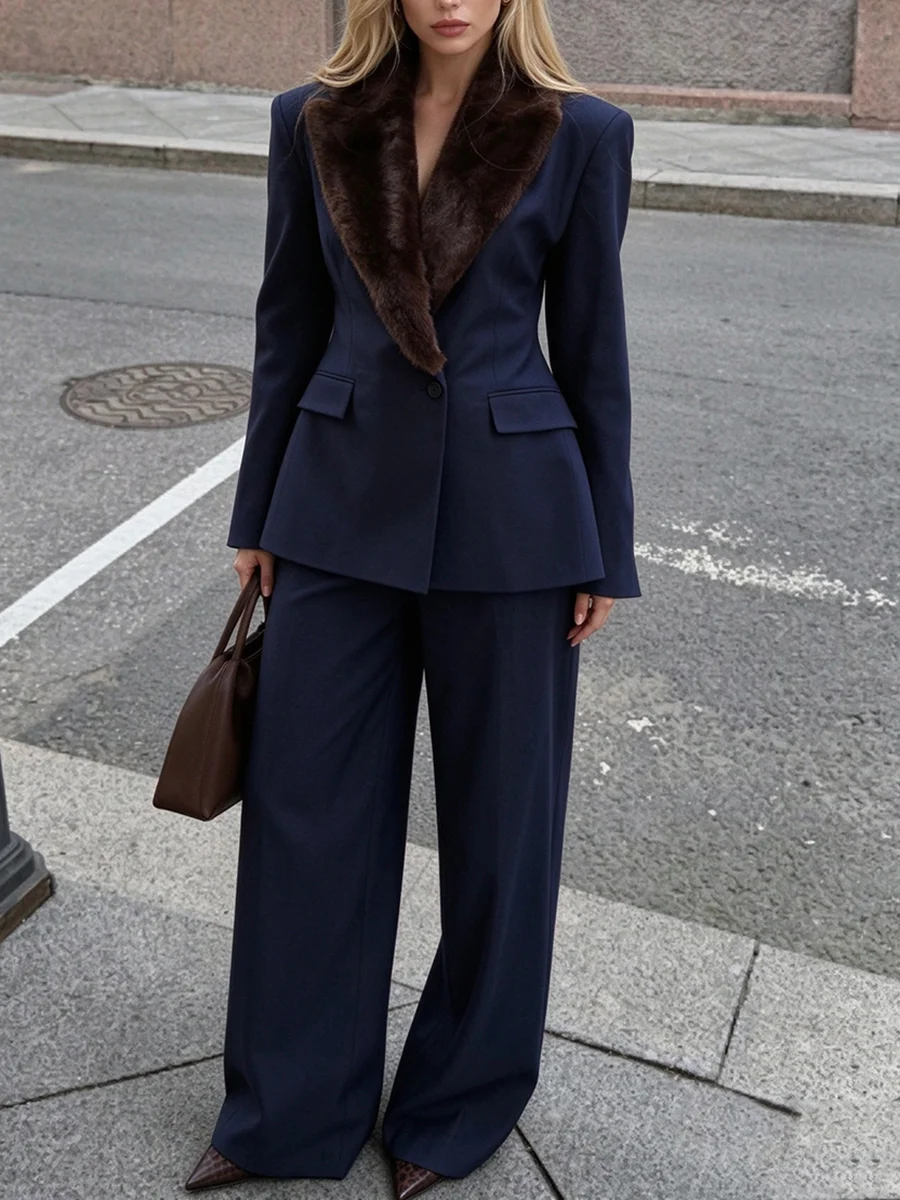 PUAL  Women Navy Blue Suit Set, Blazer & Wide Leg Pants, Elegant Office Formal Outfit For Autumn Winter