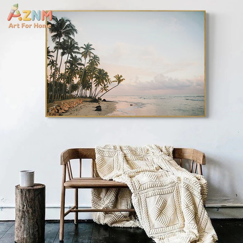 AZNM Unframed Boho Coastal Beach Canvas Wall Art, Modern Tropical Ocean Wave Palm Tree Print, Neutral Summer Seaside Landscape P