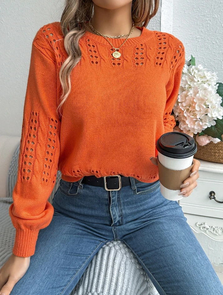 

Women's Sweater 2024 Winter Trendy Pullover Casual Solid Color Hollow Design Round Neck Lantern Long Sleeve Knitted Sweater Top