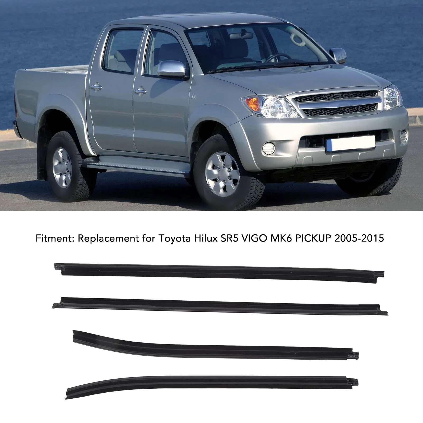 4PCS Window Moulding Trims Rubber 68161 0K010 Replacement for Toyota Hilux SR5 VIGO MK6 PICKUP 2005 to 2015