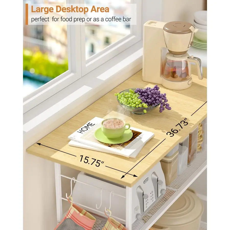 3段棚付きアイランド、6つのフックと保護棚付きの移動式キッチンカート、ロック可能な車輪付き電子レンジスタンド、ベーカーズラックC