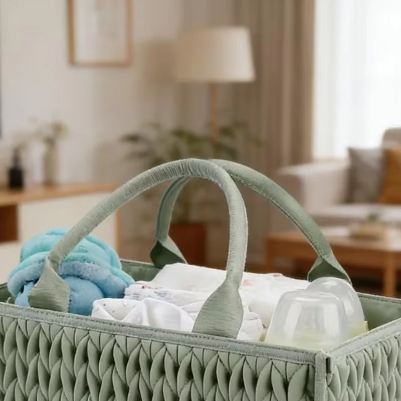 

Braided Diaper Caddy Organizer,Baby Essentials Storage with Compartment Portable Handle Baby Wipes Diaper Bag Bin