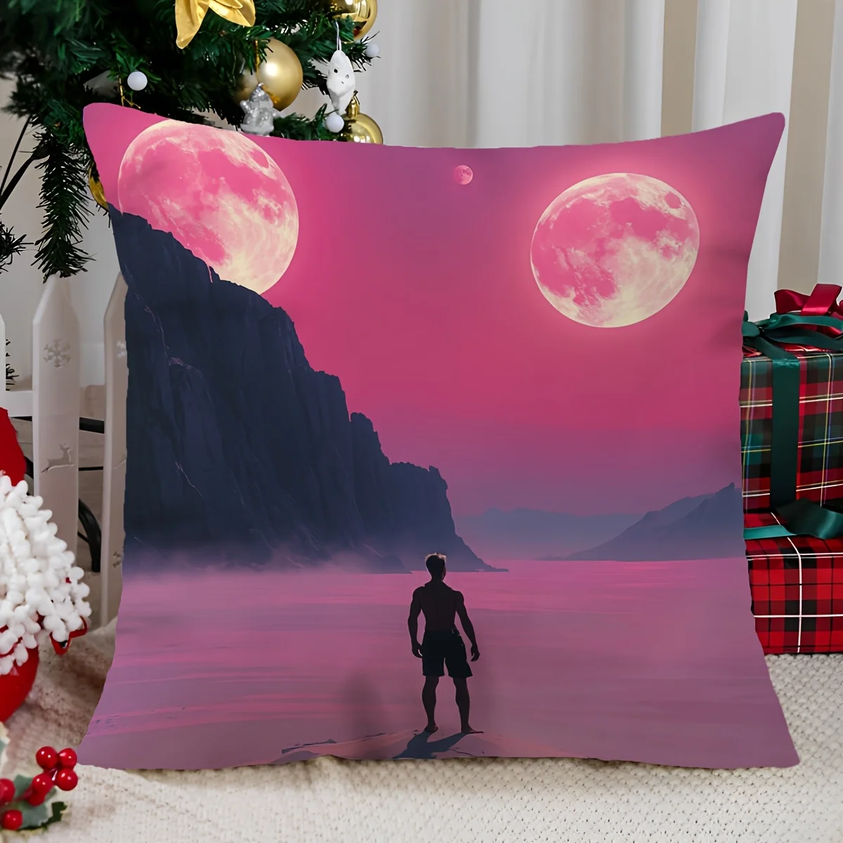 1pc 2D Flat Pillow Not Included Pink Moon Man Silhouette Cliff Art Cushion Cover Plush Fantasy Bedroom Decor Gift Case