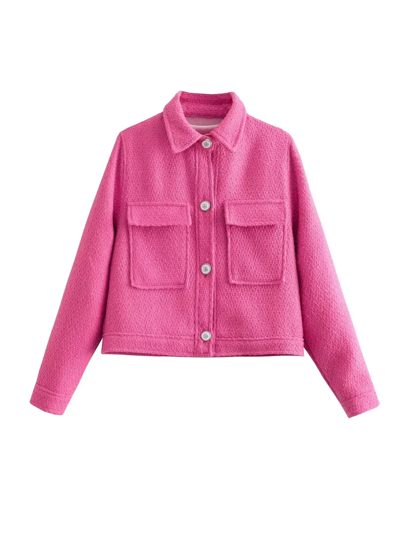 Plus Size Women's Clothing Woolen Coat Lapel Single-Breasted Pink Short Coat For Spring And Autumn The Bust Is In 104-114CM