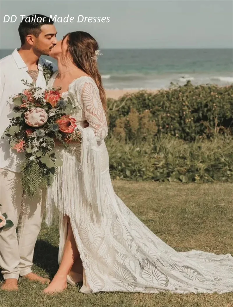 

Lace Beach Wedding Dress Front Slit Sexy Bridal Gowns Backless Tassel Long Sleeves Bohemian Vestidos De Novia Customized