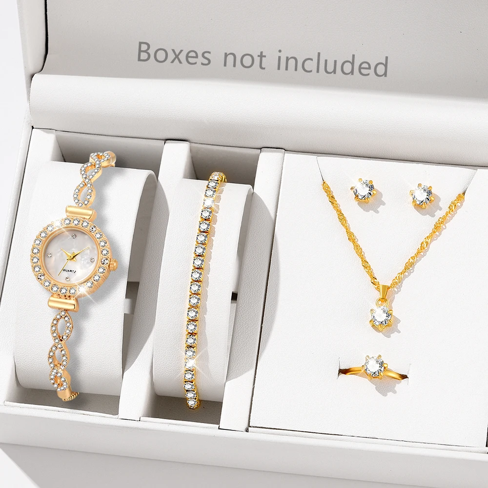 6PCS/Set Gold Women Watch Fashion Luxury Dial Quartz Wristwatch Telescopic Chain Band Watch Jewelry Set Gift For Mother