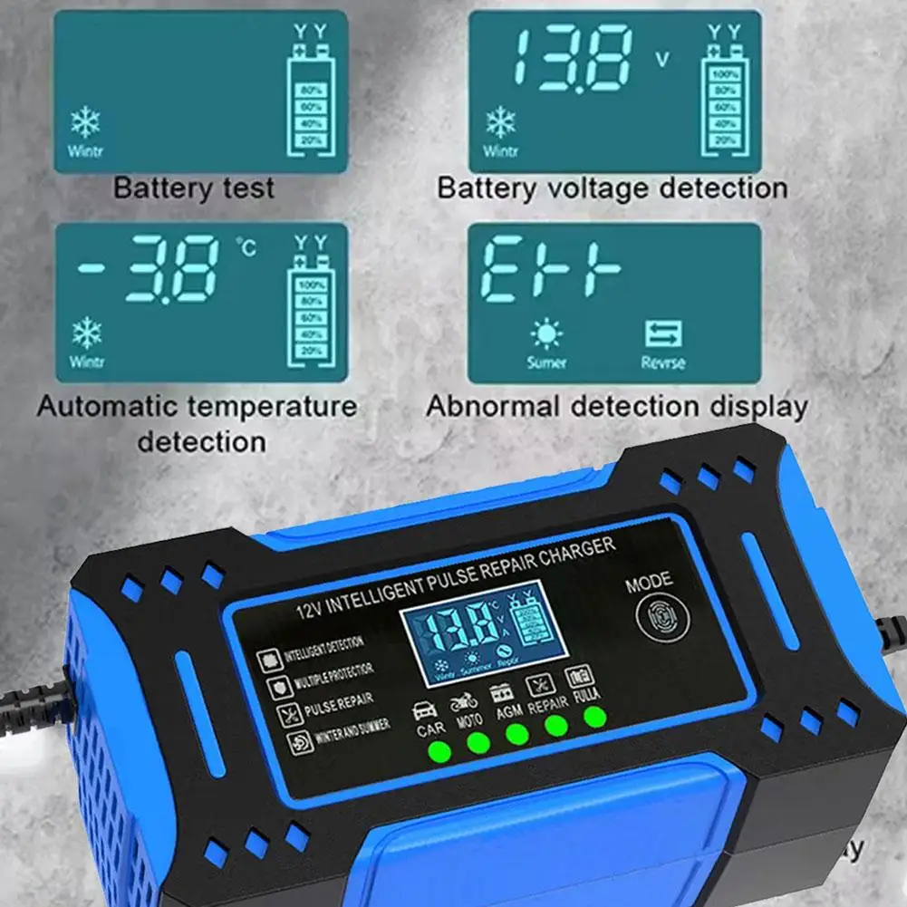 Carregador de bateria de carro 12v 6a, reparo de pulso automático inteligente, display lcd, carga rápida, carregador de bateria de chumbo-ácido para motocicleta automática
