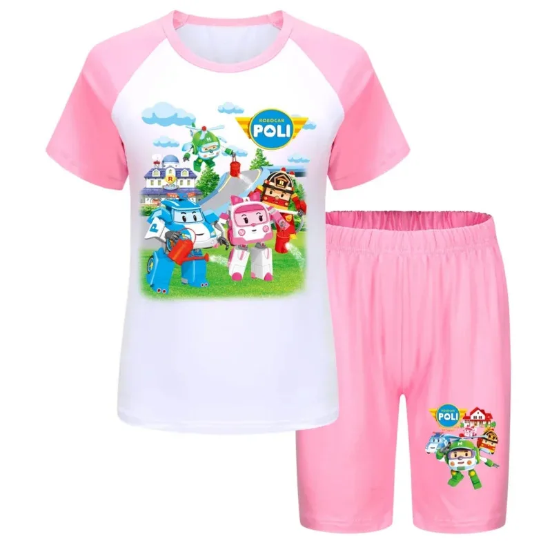 Robocar Poli الأطفال منامة مجموعة ملابس المنزل تي شيرت السراويل 2 قطعة RobocarPoli الكرتون أنيمي منخفضة الخصر الفتيان الفتيات الملابس #6