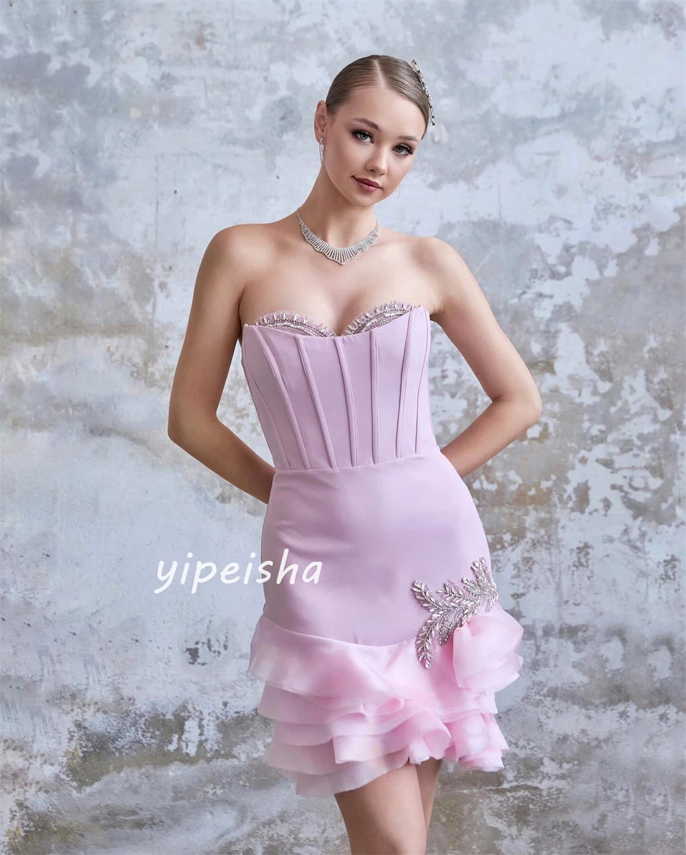 Sexy Classic Jersey Rhinestone Pleat Tiered Ruched A-line Sweetheart Short Dresses Celebrity Dresses Modern Style Matching Retro