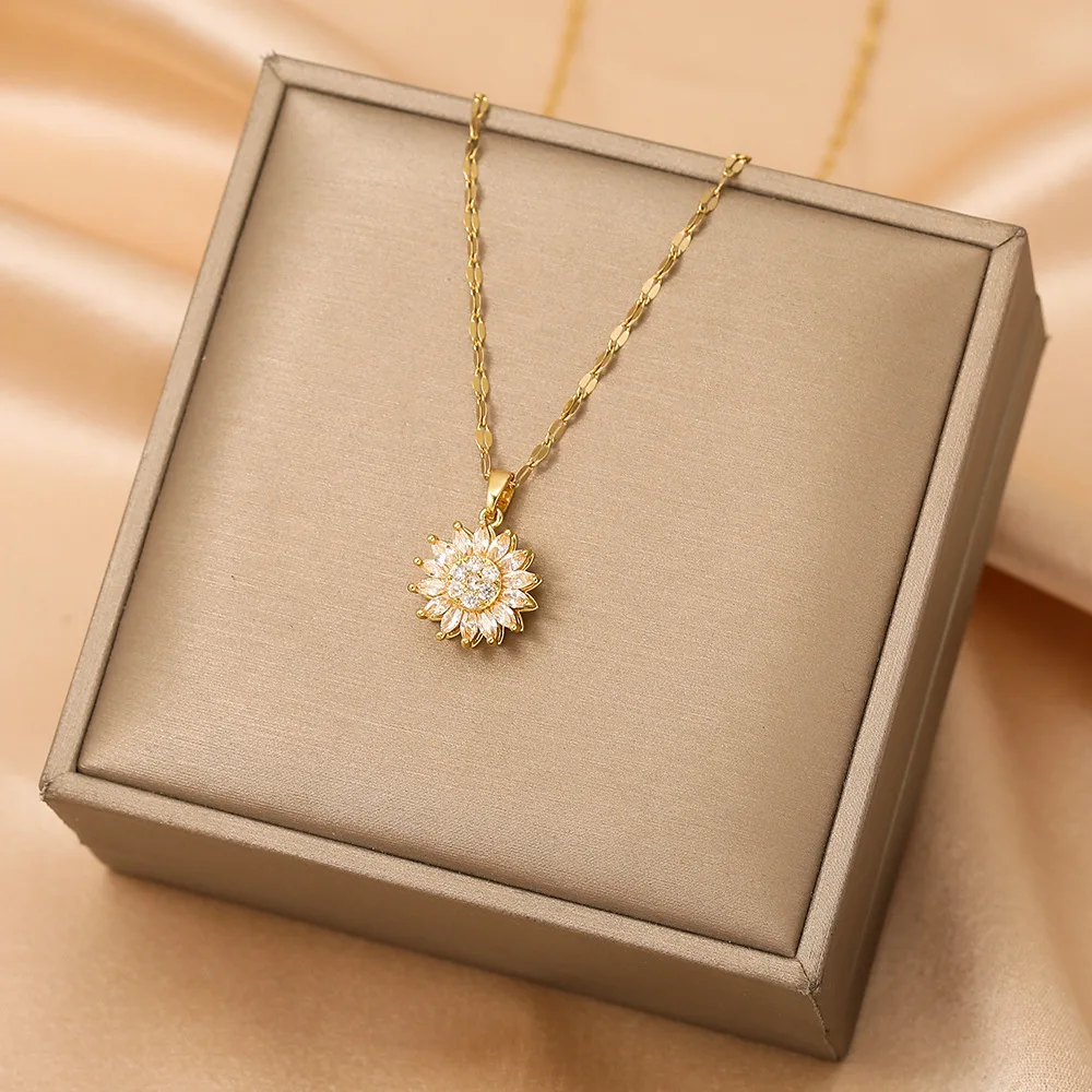 Classic Sunflower Cubic Zirconia Pendant Necklaces For Women Gold Color Alloy Rotate Necklace Daily Jewelry image 2