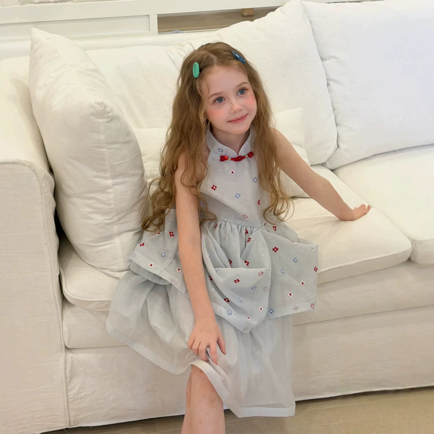 New Chinese Style Embroidered Flower Design for Summer 2026 Double Layered Fake Two Piece Sleeveless Girls Baby Dress