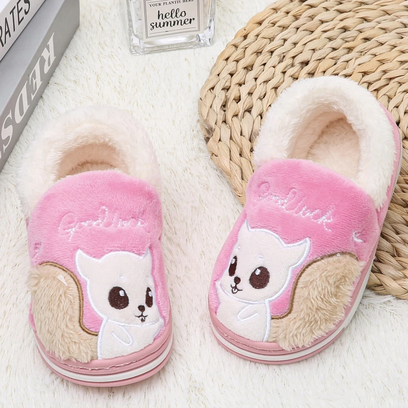 Toddler Girls Slippers Winter Shoes Kids Casual Home Wear Baby Warm Anti-slip Loafers Cartoon Squirrels Children House Footwear