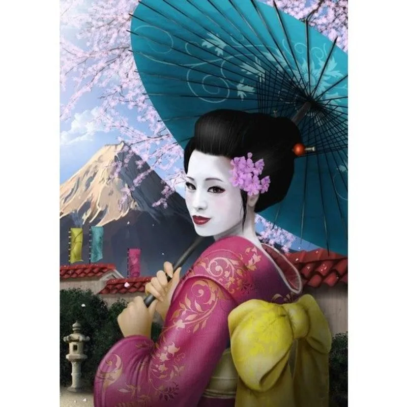 ภาพวาดเพชรผู้หญิงญี่ปุ่น geisha ศิลปะบนผนัง kimono Girl เย็บปักถักร้อยพลอยเทียมภาพโมเสคเพชร Art by NUMBERS Kit