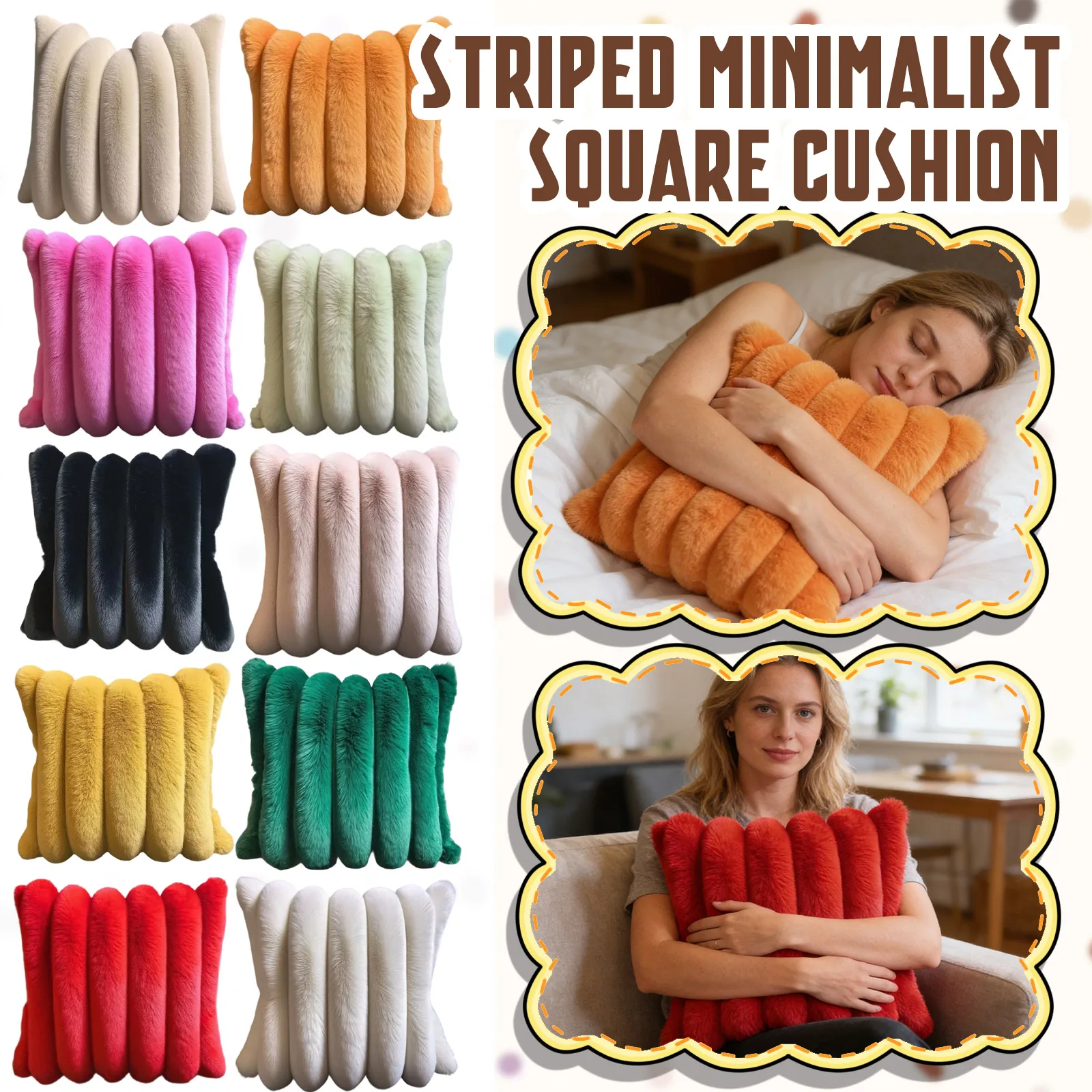50*50cm Square Plush Pillowcase, Thickened & Bolded Vertical Striped Fluffy Throw Pillow Cover, Soft Faux Rabbit Cushion Covers