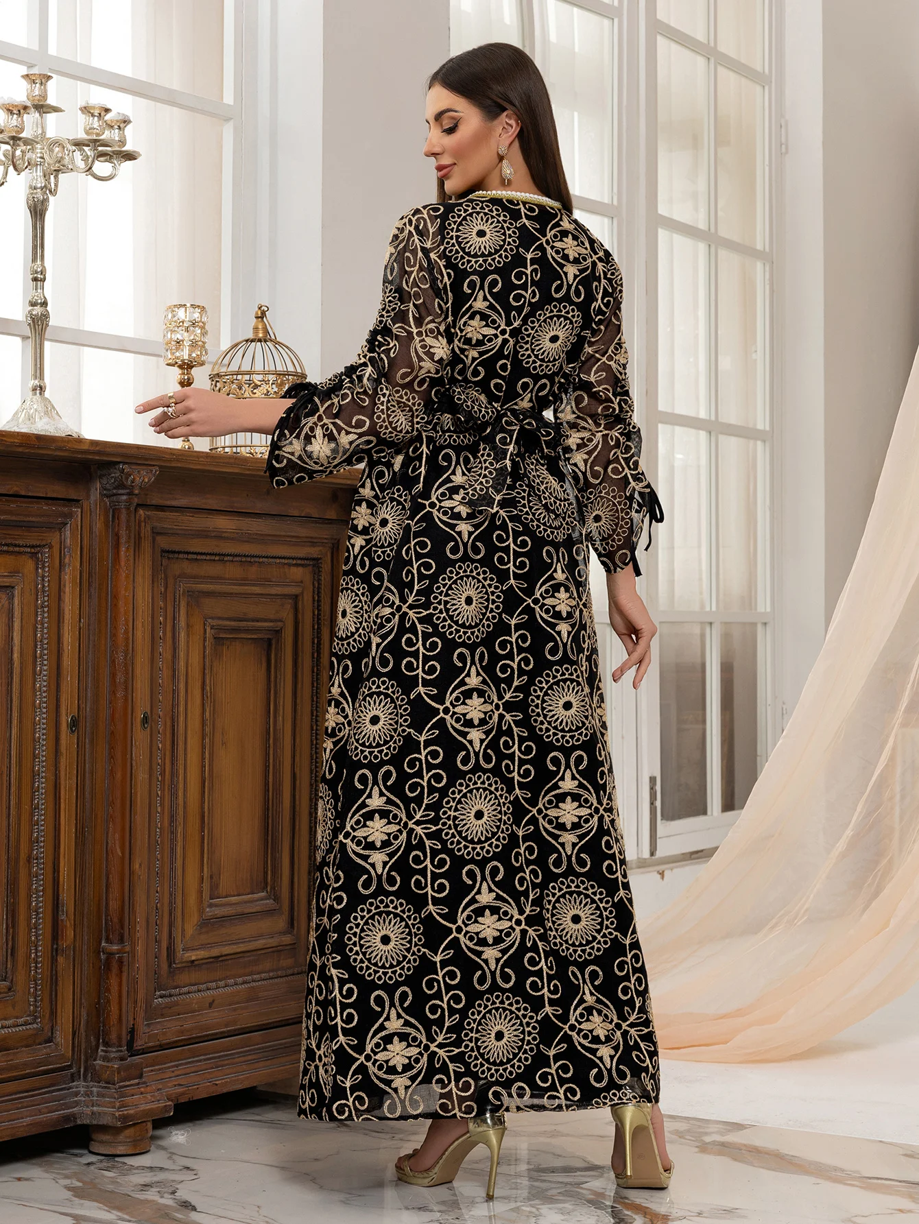 Dubai Women Muslim 2 Piece Abaya Black with Golden Intricate Patterns Bow - tied Sleeves Beaded Trim for UAE Saudi Arabia Qatar
