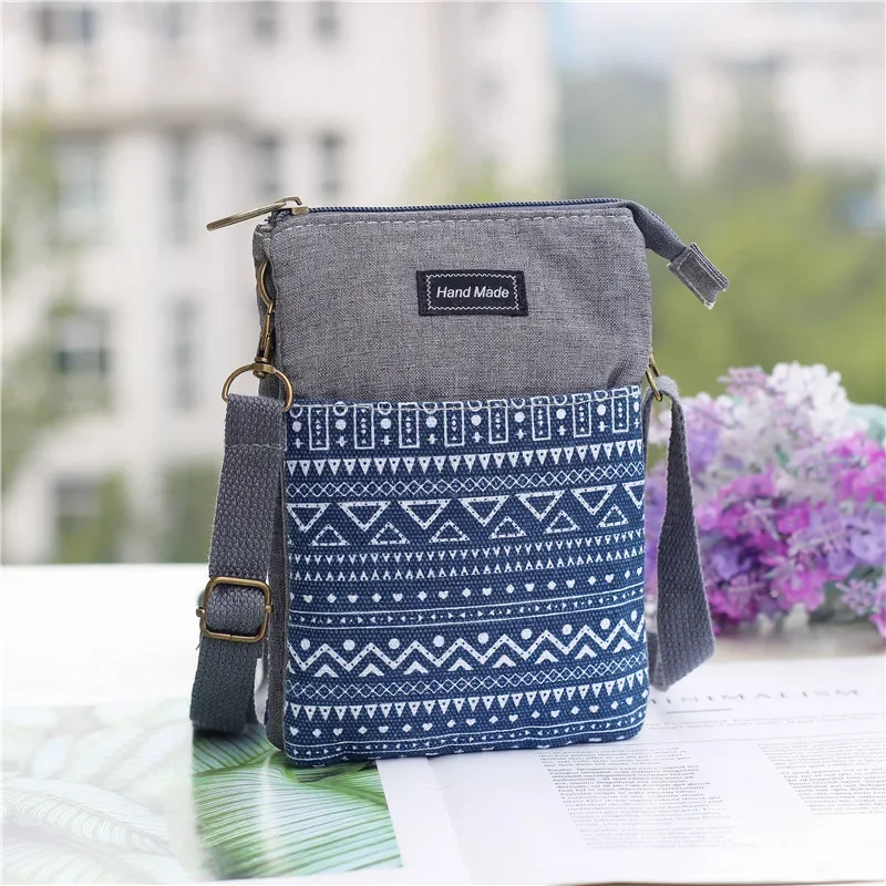 Bolso para teléfono móvil de pantalla grande de estilo étnico para mujer, bolso de hombro femenino de moda multicapa de lona, bolso pequeño para