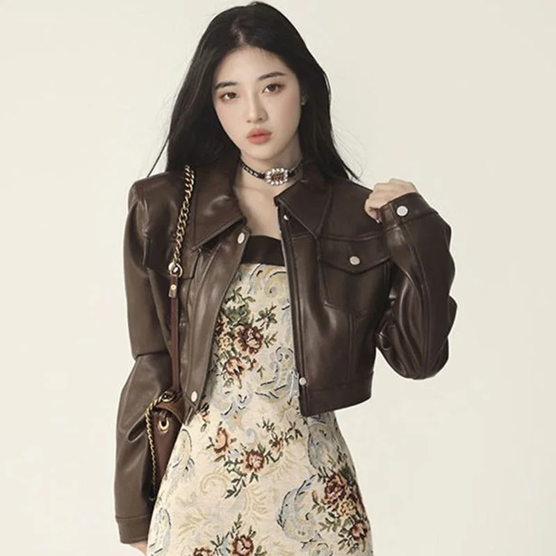 Spring Female Leisure PU Leather Jacket 2025 Women Fashion Motorcycle Leather Coat Retro Lady Long Sleeves Faux Leather Outwear