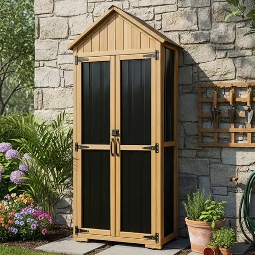 Outdoor Storage Cabinet Waterproof, Outdoor Storage Shed with Shelves, Wood & Metal Patio Backyard Garden Storage