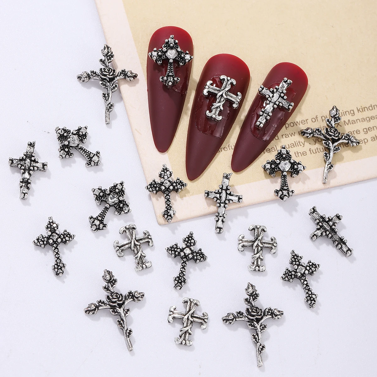 50pcs ancient silver punk wind cross nail decoration, alloy rhinestone, y2k metal style DIY nail styling decoration