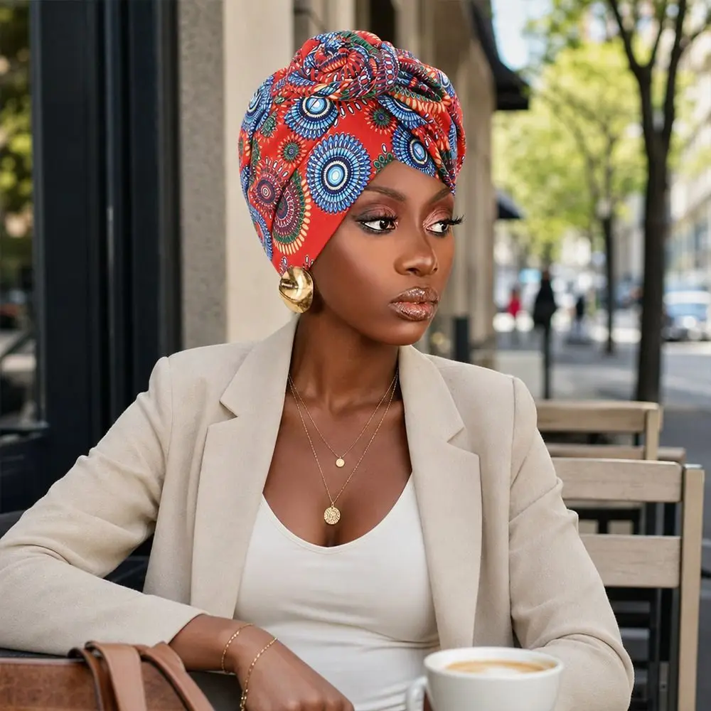 Fashion African Print Hijab Caps Pleated Knotted Style Twist Knot Turban Hat Breathable Wrap Headscarf All Match Decor
