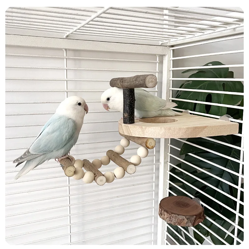 T-förmiger Papageienspielzeug-Vogelständer aus Holz, Klaue, Schleifstab mit Shuttle-Loch-Plattform, Ast, Leiter, Nahrungssuche, Loch-Kombinationsständer