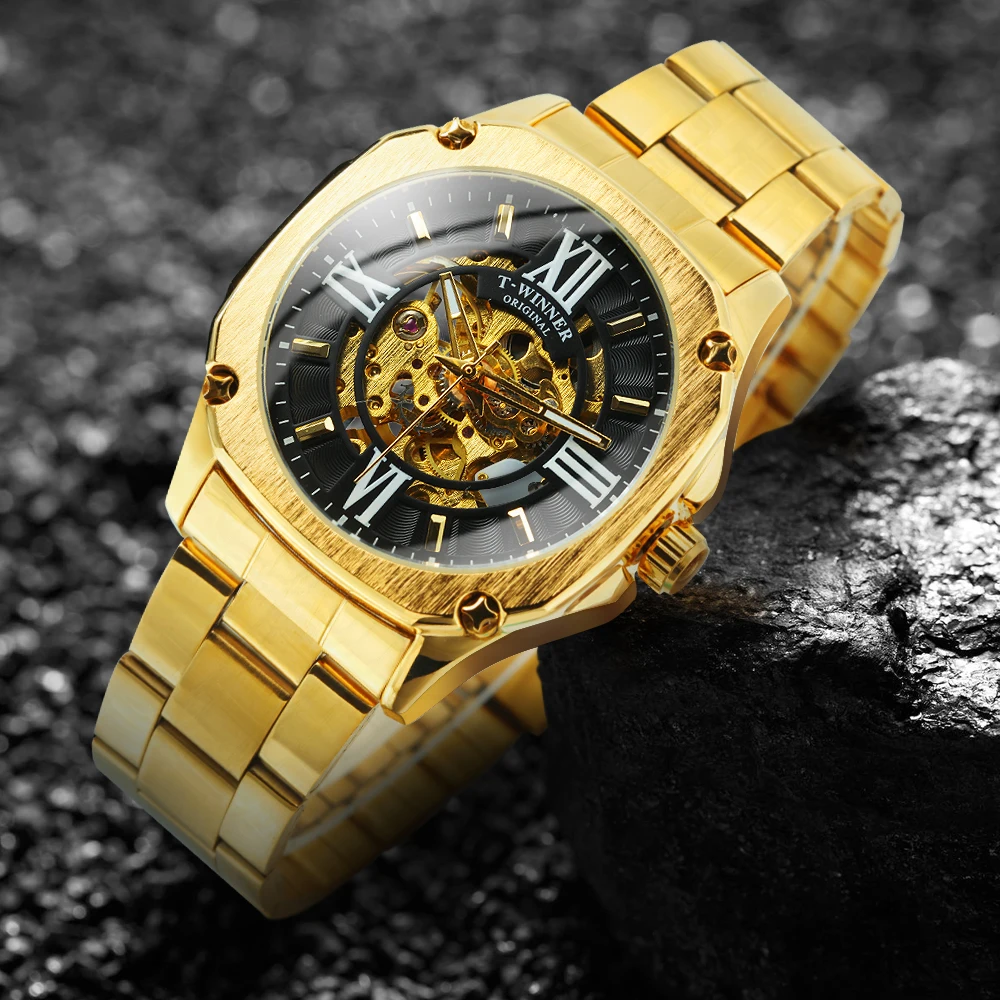 WINNER Fashion Square Gold Mens Watches Top Brand Luxury Skeleton Automatic Mechanical Watch Stainless Steel Strap Luminous Hand