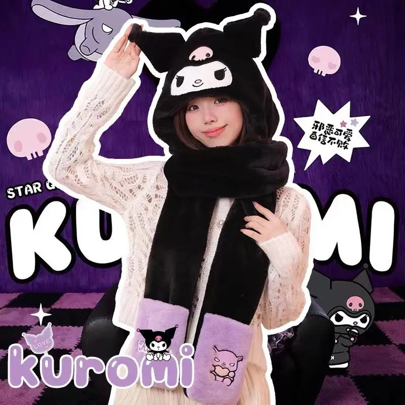 Sanrio Girl Hat Winter Kuromi My Melody Cinnamoroll Kawaii New Cartoon Keep Warm One Body Gloves Fashion Thicken Cute Cycling