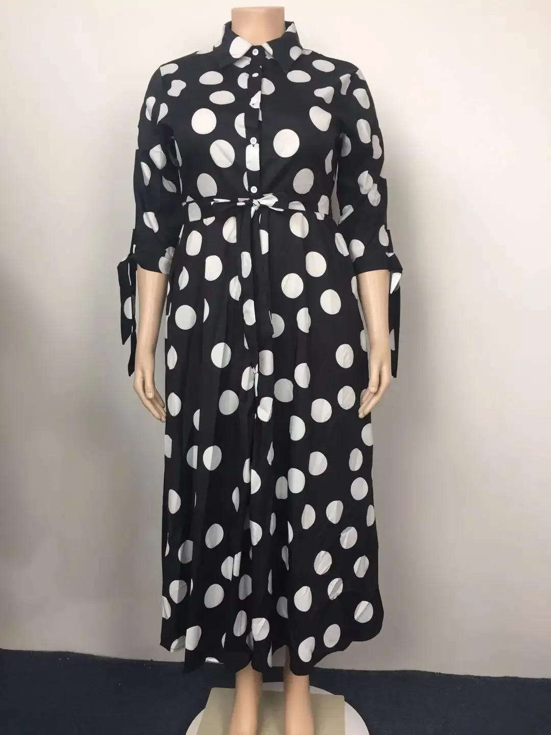 Plus Size Women Dots Printed Long Dress with Belt Autumn Half Sleeve Button Casual Dresses Elegant Streetwear Female Clothings