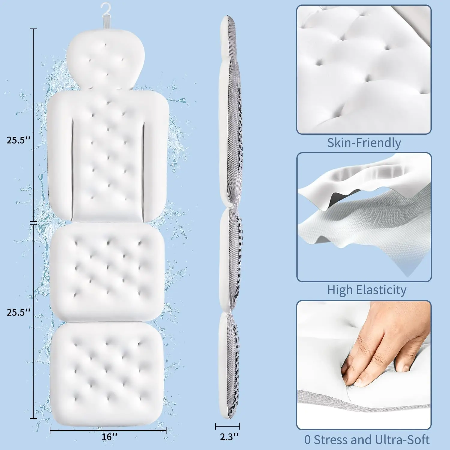 

Luxury Bath Cushion, Full Body Bathtub Pillow with 160 Suction Cups, Bath Mat for Head and Neck Support, (White, 51.2" x 16.2")