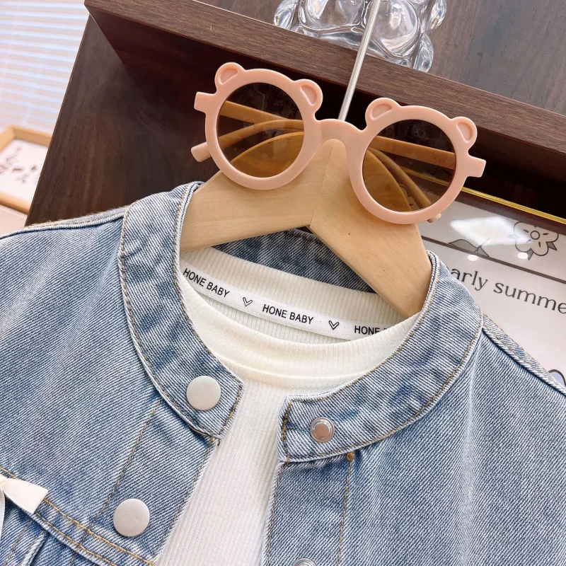 2025Girls Autumn Denim Vest Vest Princess Mesh Dress Set Cute Girl Fashionable Set