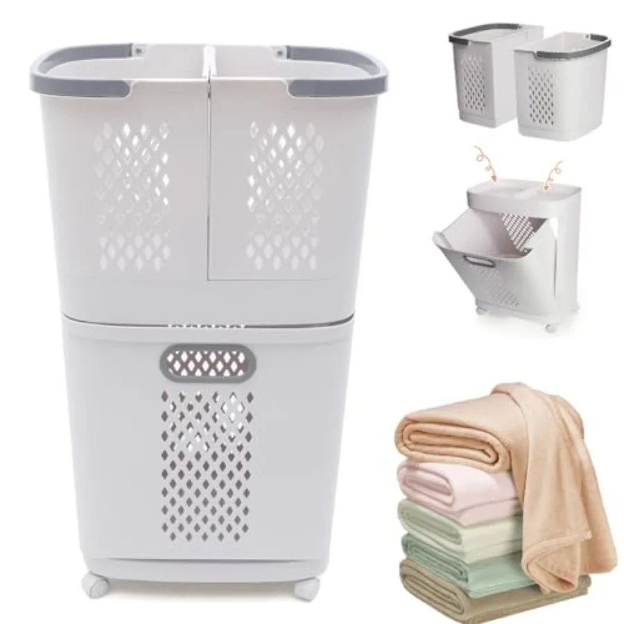 

Laundry Basket on Wheels, 3 Section Detachable Laundry Hamper with Handle Dirty Clothes Hamper Clothes Storage Laundry Sorter