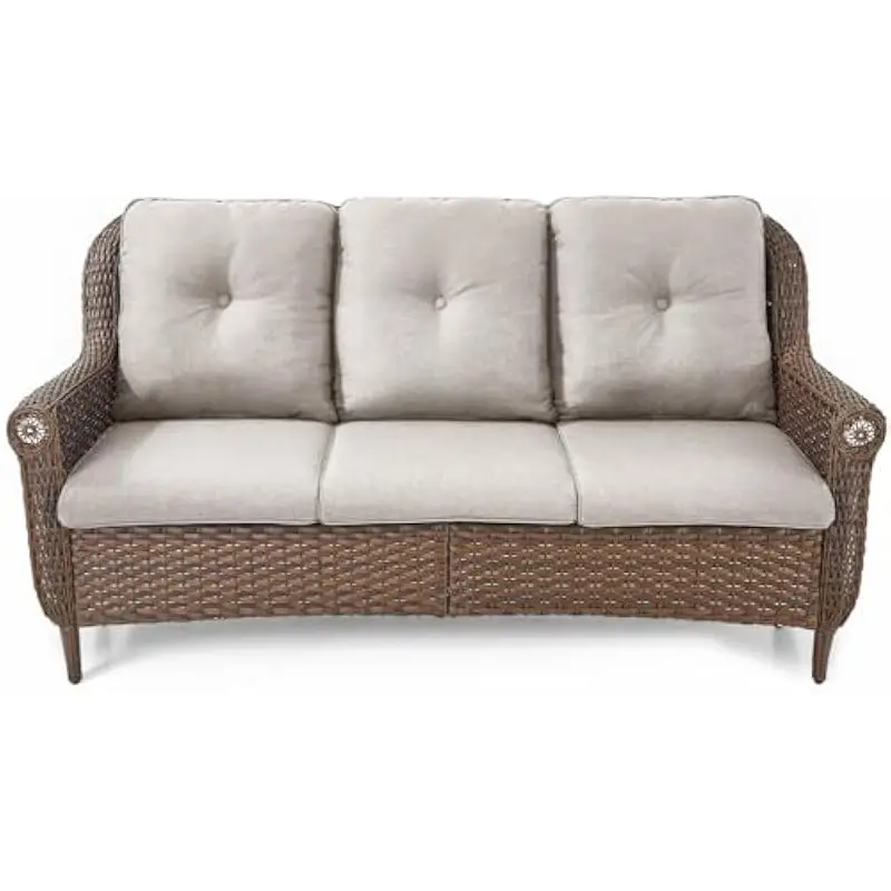 Outdoor Wicker Sofa 3-Seater – All-Weather Brown Rattan with High Backrest Wide Armrests Oversized Seating Comfortable Thick Cus