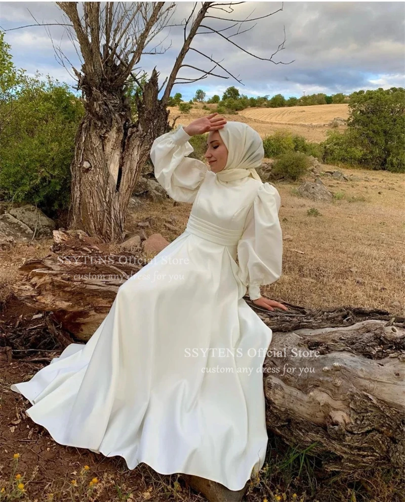 SSYTENS High Quality Ivory Wedding Dresses Puff Sleeve Satin Civil Bridal Gowns Customized Bride Dress Muslim robe de mariée