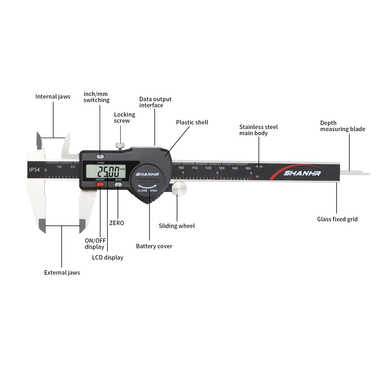 SHANHR 150/200/300 mm Digital Electronic Caliper Ruler IP54 Digital Vernier Caliper Digital Caliper Stainless Steel Calipers