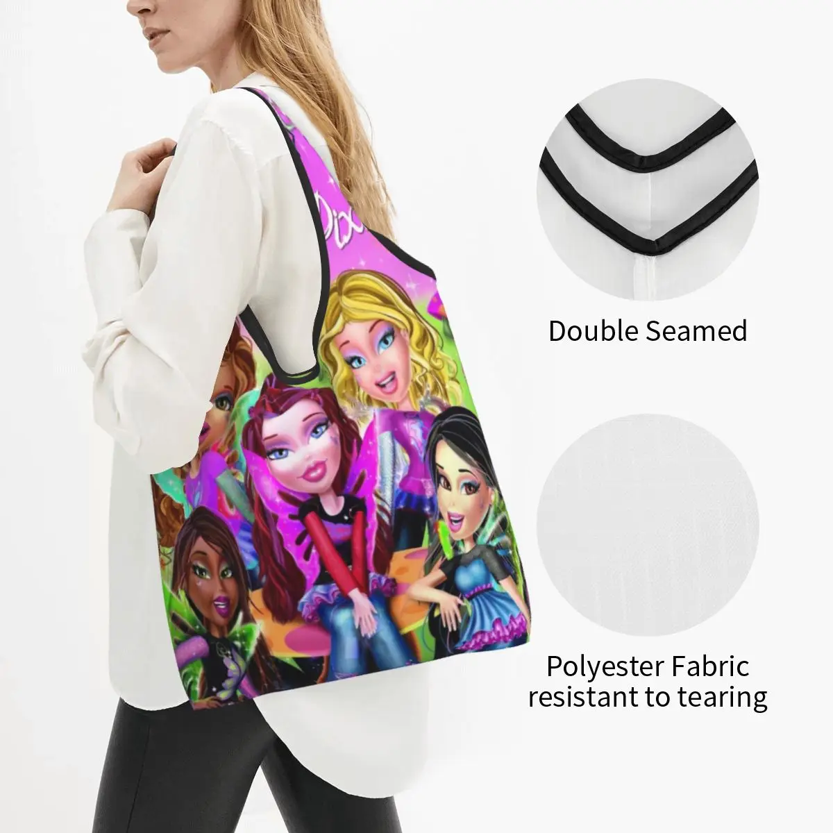 Kawaii Print Bratzs Doll Shopping Tote Bag Portable Shopper Shoulder Cartoon Tv Movie Handbag