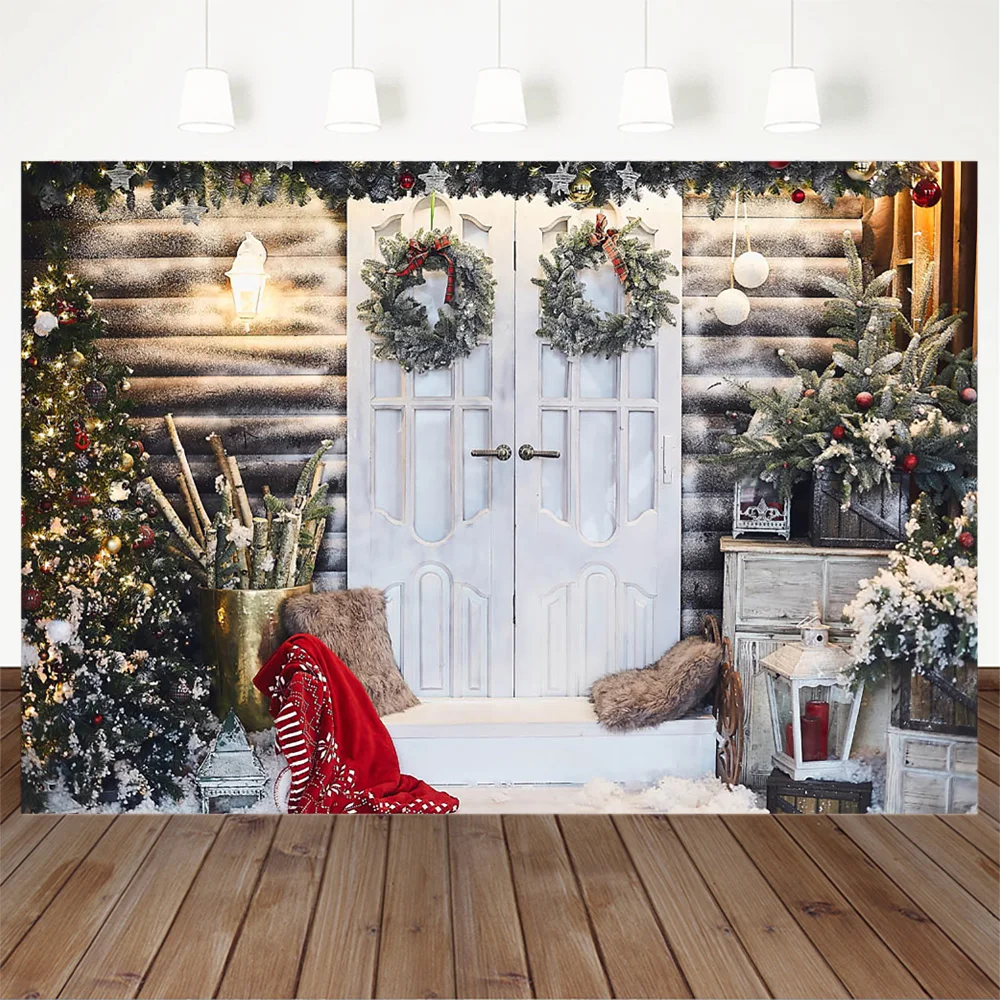 Winter Christmas White Wooden Door Photography Backdrop Studio Xmas Tree Snowflake Lights Background Family Kids Portrait Booth