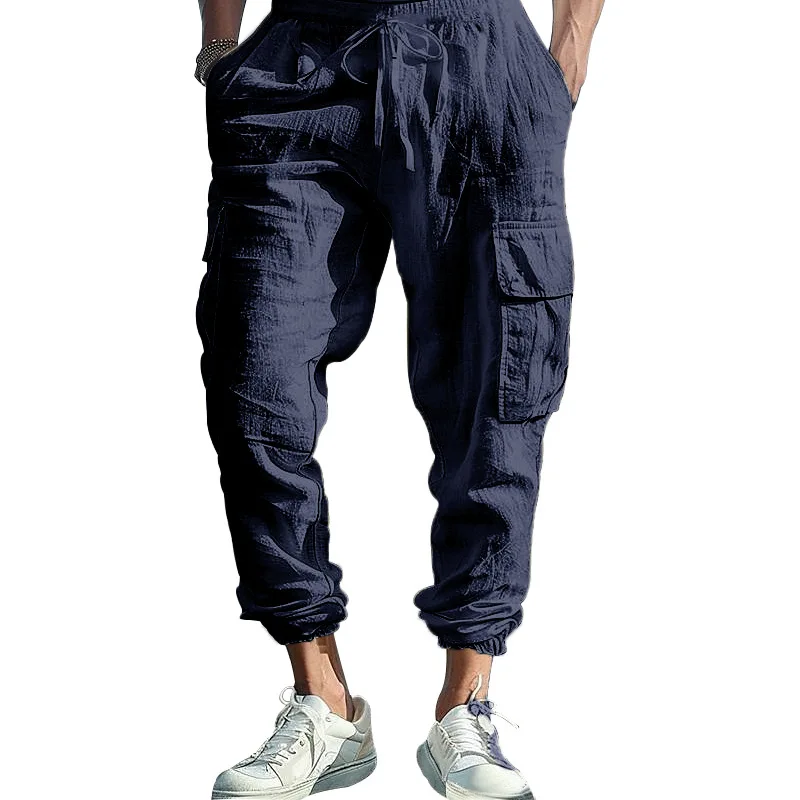 Workwear Long Pants, Casual Men's Plus-size Drawstring Multi-pocket Wide-leg Drawstring Thin Cotton-linen Pants