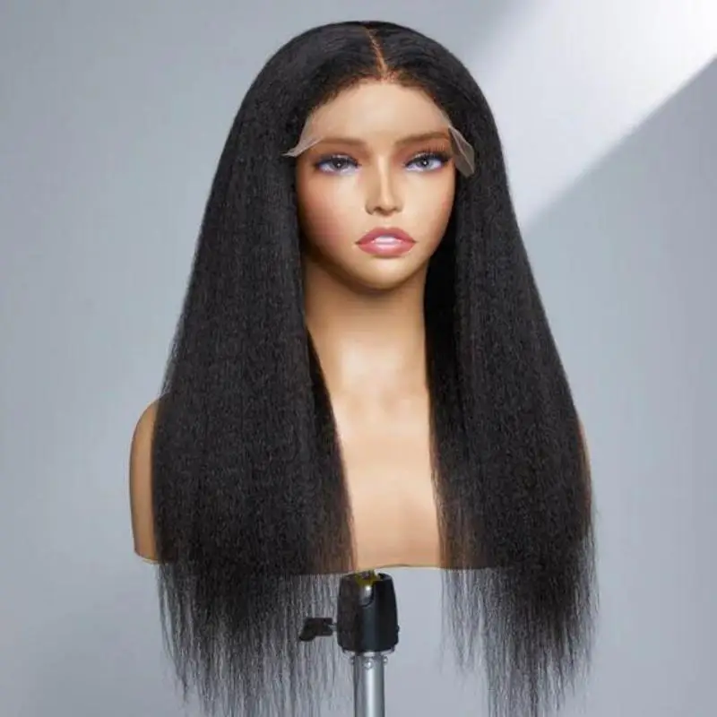 Perruque Lace Front Wig Yaki Synthétique Sans Colle, Cheveux Crépus Lisses, Doux, Noir Naturel, Long, 26 Pouces, avec Baby Hair, Pre-Plucked, 03/3