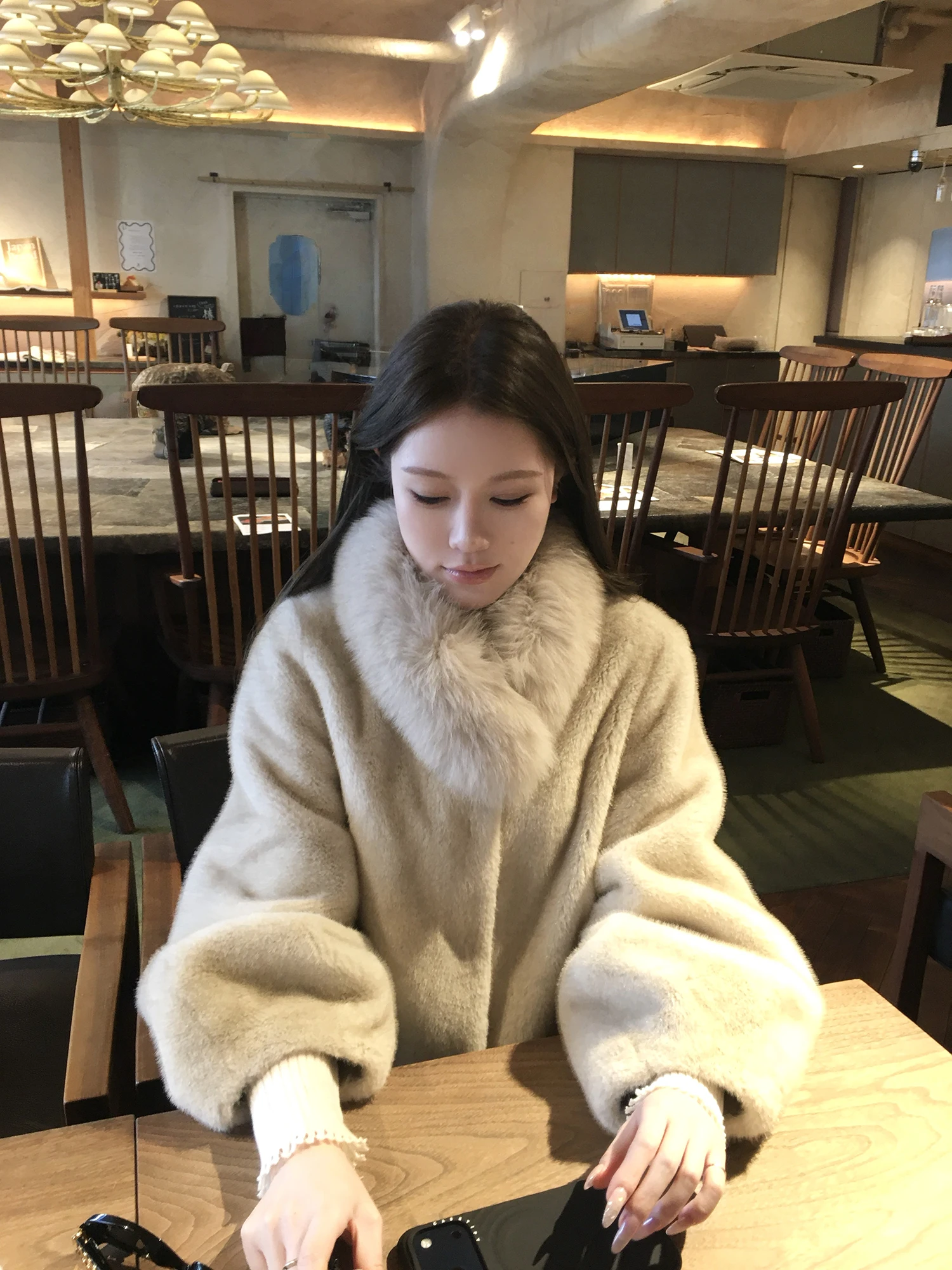 

Dabaoxi Retro Fur Collar Luxury Leather Jaet Women Winter Thiened Casual Sle Polyester Long Sve Coat