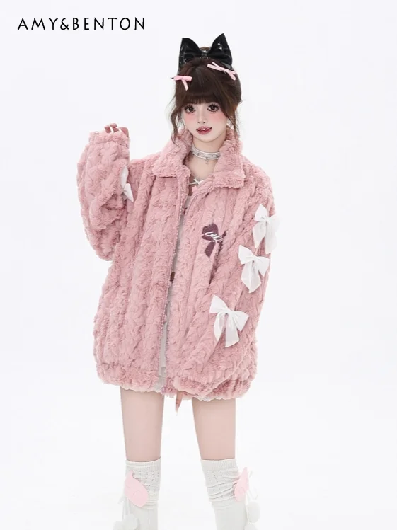 

Sweet Girly Cute Three-dimensional Bow Oversized Plush Coats Preppy Style Solid Color Versatile Thickened Warm Winter Coat Women