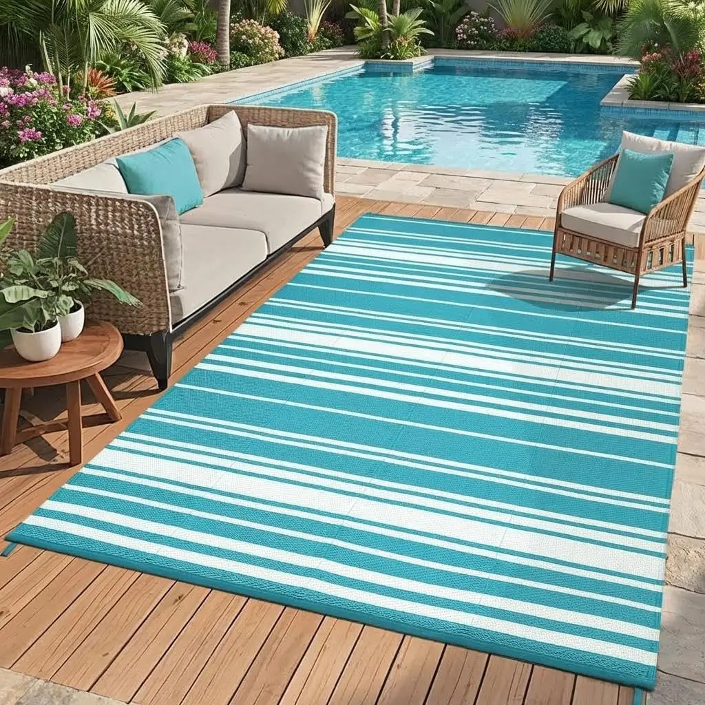 

Modern Striped 9x12 Outdoor Rug UV-Resistant Geometric Lines Reversible Plastic Straw Indoor Outdoor Rugs Waterproof Outside