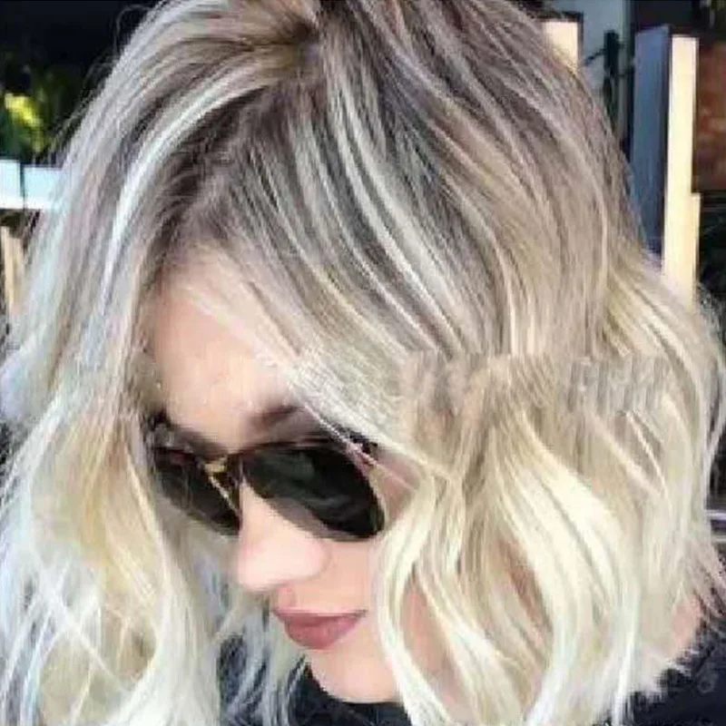 Perücke Damen Mittelscheitel Kurze lockige Farbverlauf Große Welle Farbverlauf Flauschige Birnenblüte Kurze Perücke Kurzes Haar