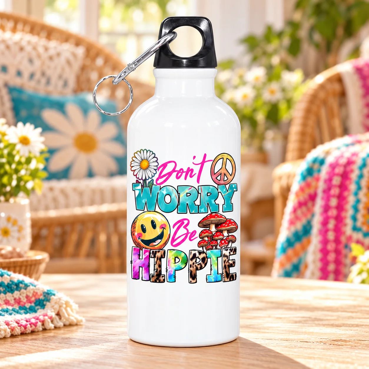 1pc Sublimation Aluminum Water Bottle, Don't Worry Be Hippie Print Sports Water Bottle with Carabiner, Lightweight Portable