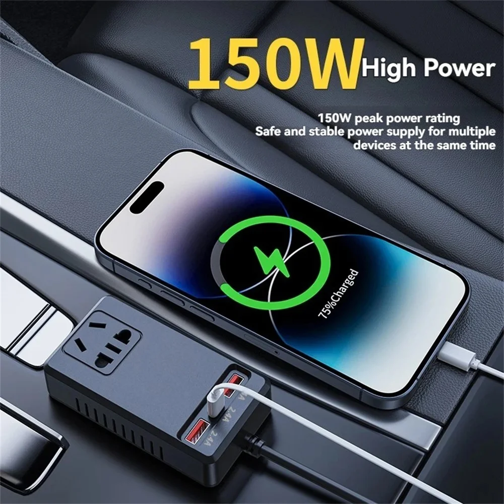 Universal 150W Car Power Inverter DC 12V 24V to 110V 220V USB Type C Charger Auto Truck Vehicle Adapter USB-C Chargers AC Socket