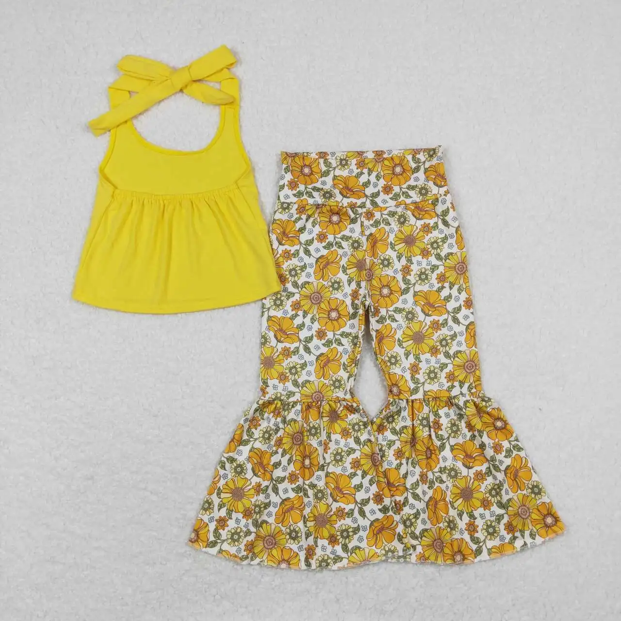 wholesale hot sale western boutique children's clothing for baby girls clothes Solid ginger halter top floral pantsuits